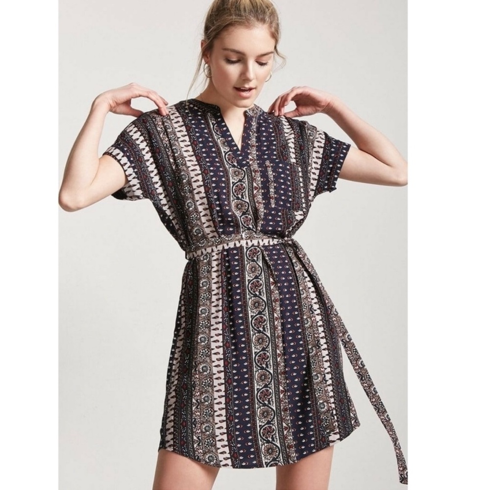 FOREVER 21 shirt dress tunic belted floral print mini blue red paisley New Retro